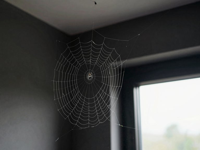 Close-up of spider web anchored in a dark corner between wall and ceiling in a residential room, daylight diffused from a distant window, fine dust visible on web strands, no people