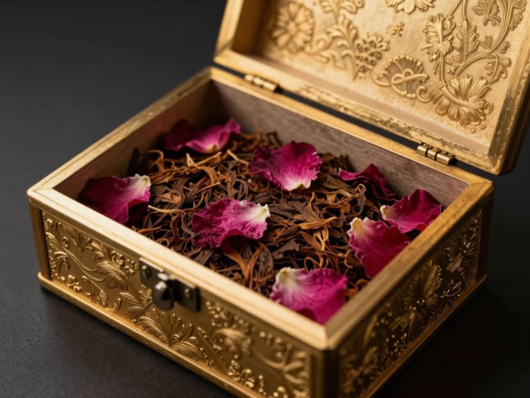A heavy-weighted gold-embossed lacquered box, half-open, revealing rich dark cured tobacco leaves infused with rose petals inside, side-lit chiaroscuro.