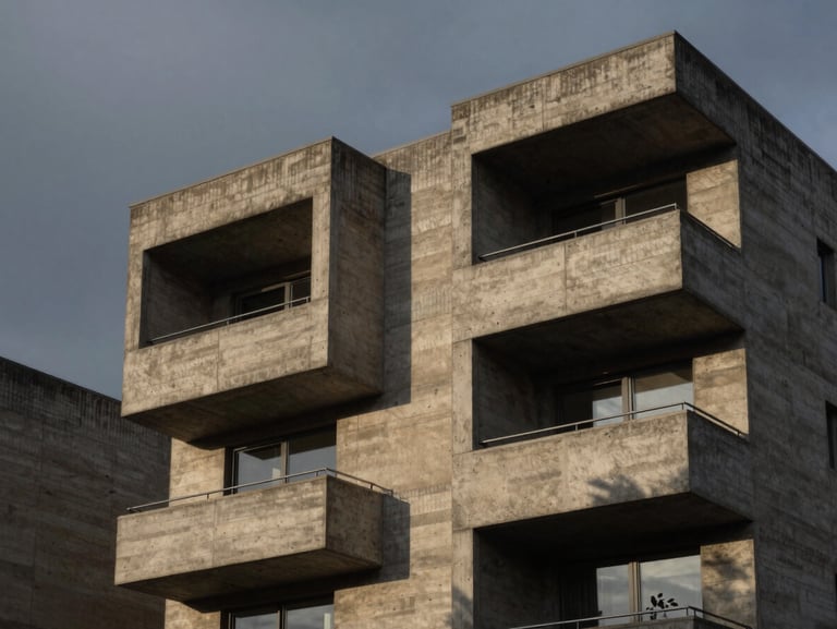 Architectural detail of a brutalist concrete estate, sharp geometric lines against a dark moody twilight sky, dramatic shadow play.