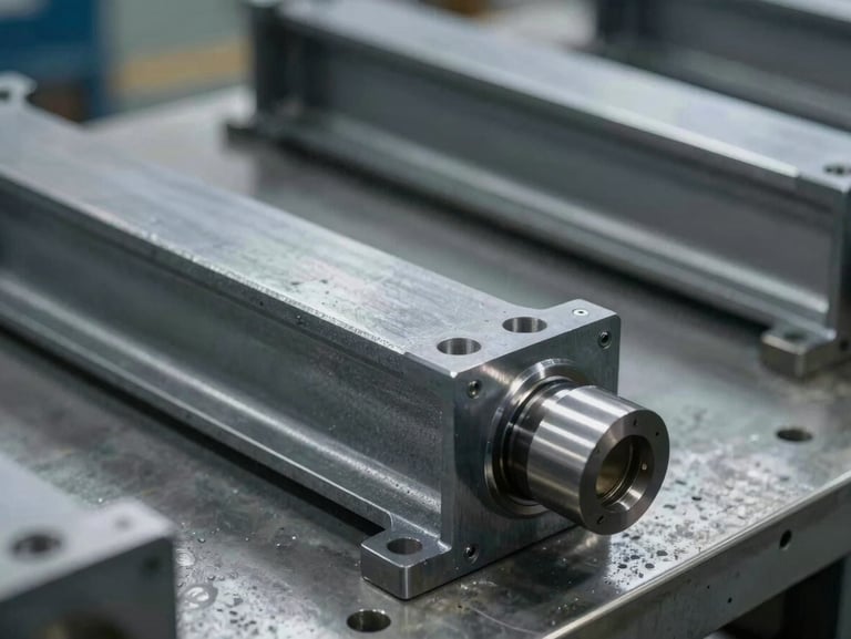 Close-up of custom-machined structural steel components on a clean factory floor, precise tolerances visible, high-contrast lighting.