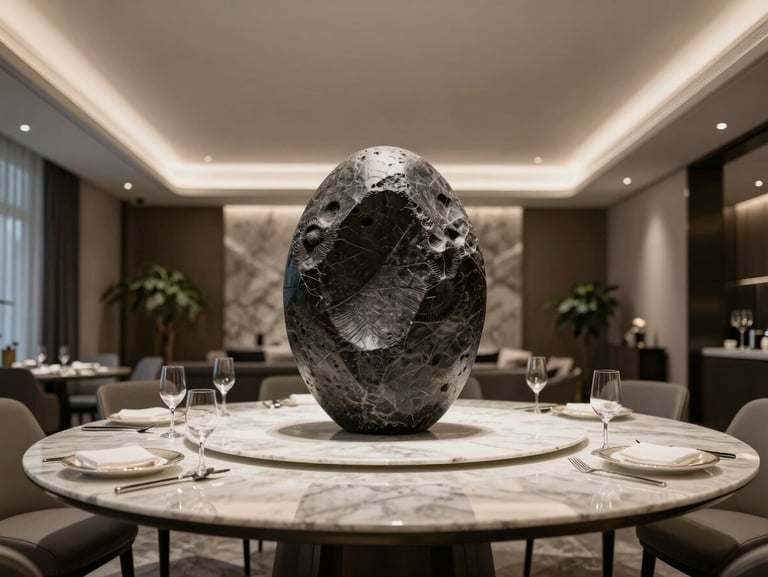 A high-end architectural dining room, a dark stone sculpture visualized on a marble table via a clean digital interface.