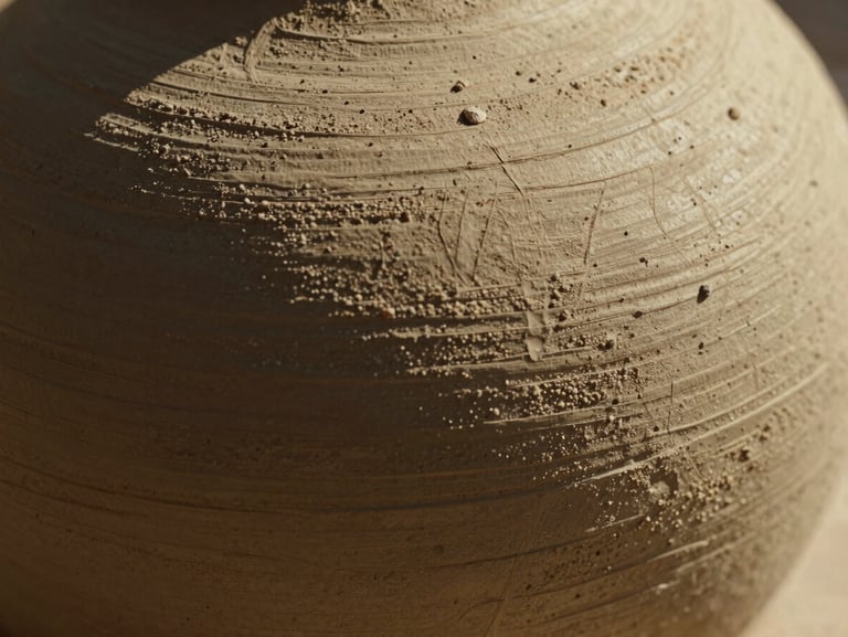 Extreme macro close-up of hand-carved clay texture showing deep chisel marks and raw mineral grain, warm grazing sunlight highlighting the physical weight.