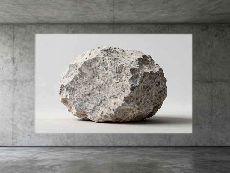 Minimalist interior with a concrete wall, showing a digital projection frame mapping a large textured stone sculpture in place, clean architectural lines.