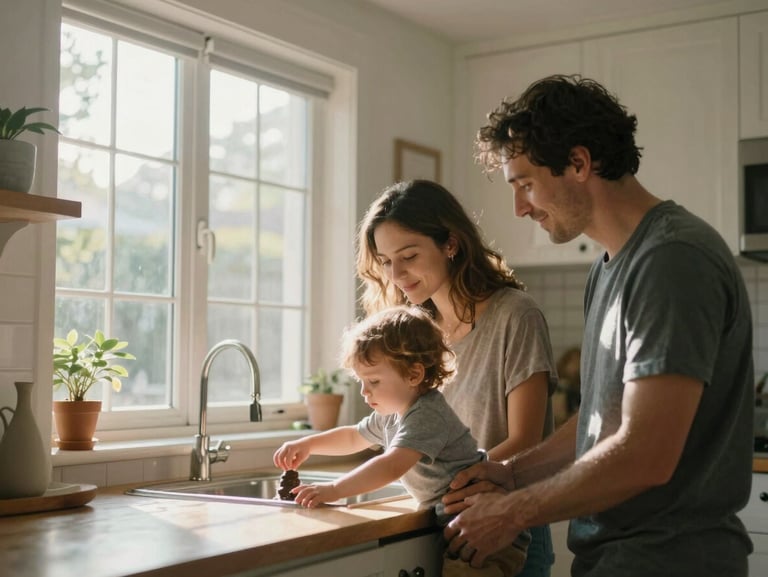 Environmental family frame — two parents and a toddler in a sunlit kitchen, morning light through tall windows, the child reaching for something on the counter, adults watching with quiet smiles, warm domestic atmosphere, natural and unposed