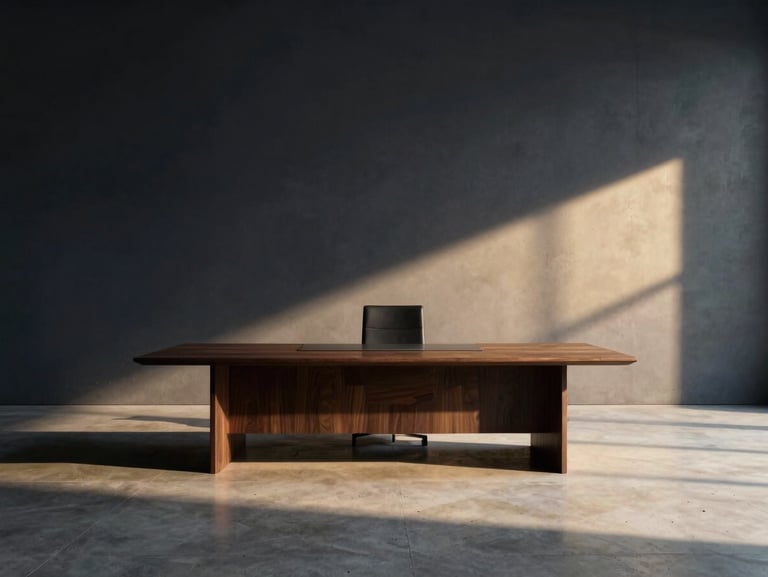 Minimalist executive boardroom, dark wood and concrete, soft low-key lighting, dramatic shadows