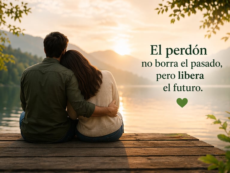 Una pareja se abraza en un muelle al atardecer con una cita inspiradora en español sobre el perdón.
