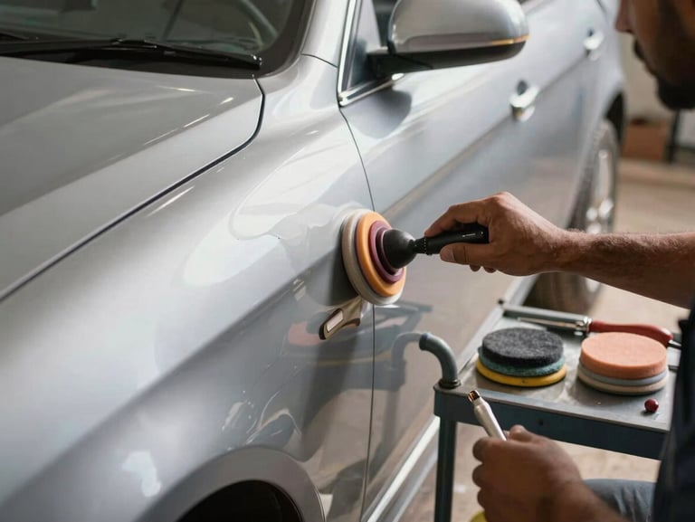 Car exterior being hand-polished in a workshop bay, midday natural light catching the paint surface, detailing tools and buffing pads on a nearby trolley, organized workspace in Nakodar