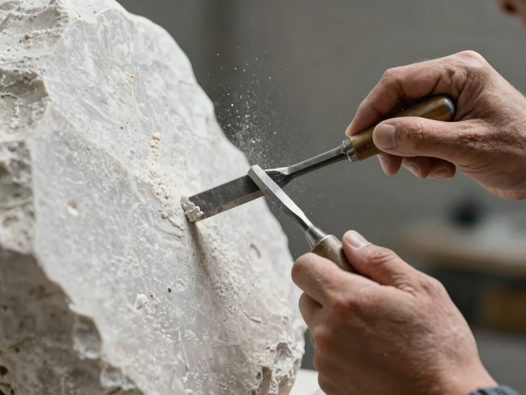 Close-up of a sculptor's hands holding a steel chisel against raw white travertine, stone dust frozen in mid-air under directional studio light.