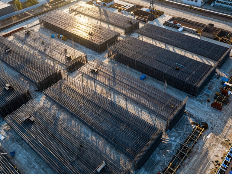 High-altitude aerial view of a clean modern construction site, geometric patterns of steel and concrete, bright morning sun, sharp details
