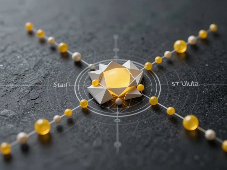 Stark technical schematic of data sharding, geometric particles dispersing in clean lines across an obsidian background, solar-yellow accents.