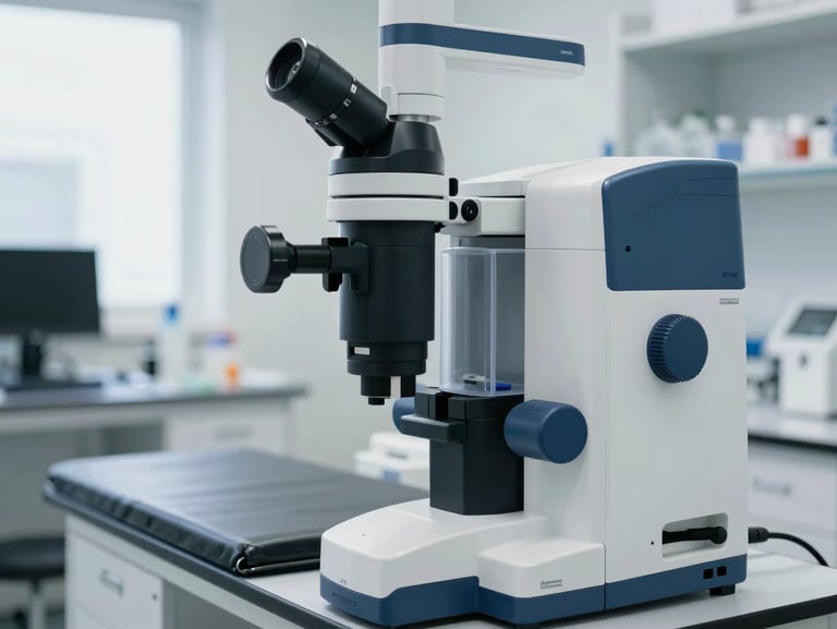 Bright clean medical photography of a modern laboratory in Hidalgo, state-of-the-art diagnostic equipment, soft natural daylight, deep blue and white tones, shallow depth of field