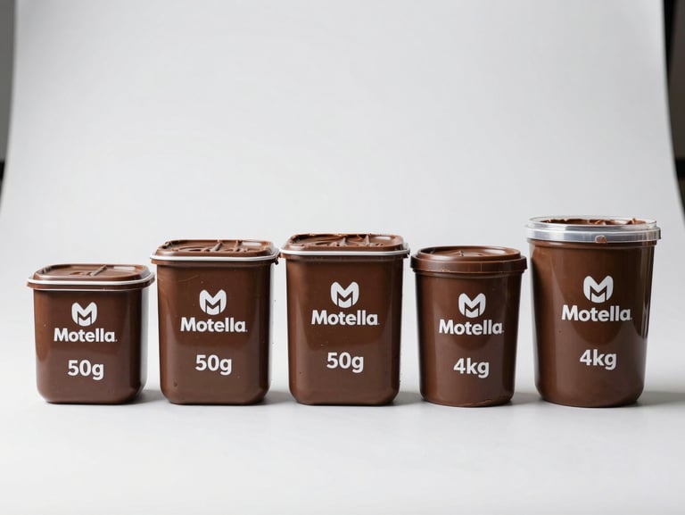 Straight-on eye-level studio portrait of five clean Motella chocolate spread containers ranging from 50g to 4kg, arranged in a precise geometric line on a sterile white surface, clinical bright lighting with sharp controlled highlights.