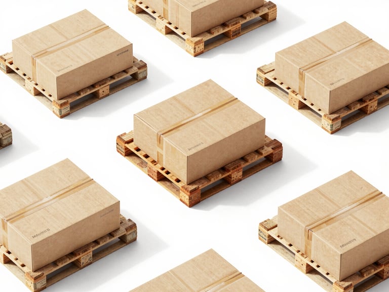 Overhead geometric flatlay of perfectly clean warehouse pallets loaded with Motella shipping boxes, sterile white environment, bright studio lighting