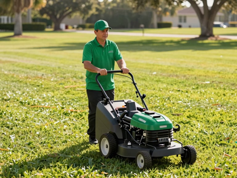 A professional lawn care crew in clean green uniforms operating commercial mowers on a pristine Florida lawn, morning sunlight, sharp focus, 35mm