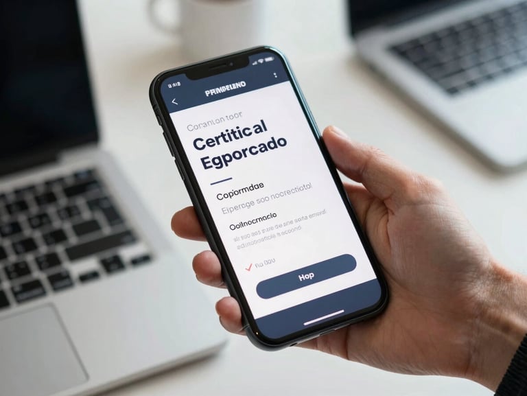 Primer plano de una mano sosteniendo un dispositivo móvil que muestra un certificado de firma digital aprobado, fondo de oficina corporativa.