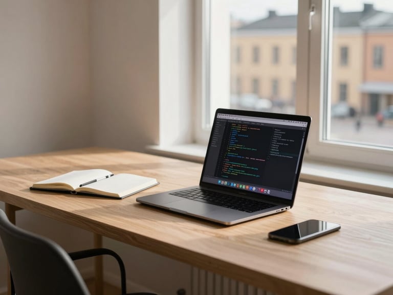 A minimalist, modern workspace in Helsinki with clean wooden desks, a laptop displaying code, a notebook, and warm morning light coming through a large window.