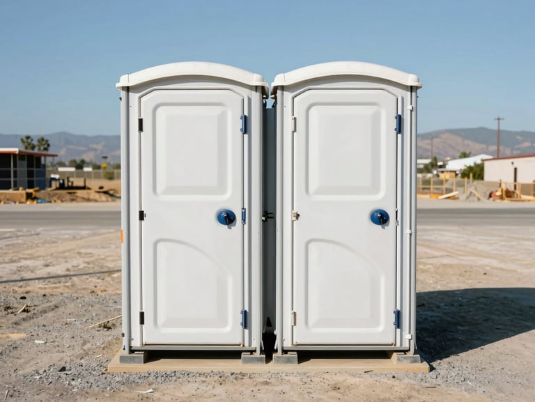 Two portable restroom units staged side by side on a flat construction site lot, bright midday California sun, clean white and blue units with closed doors, gravel ground, no workers in frame