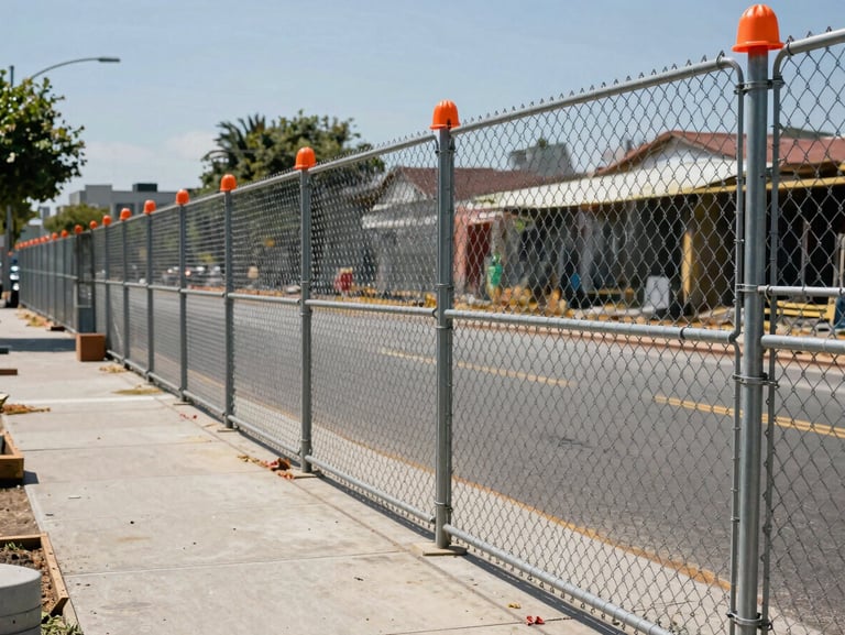 Temporary chain-link fence panels lining the perimeter of an active construction site in an East Bay neighborhood, midday sun, orange safety caps on posts, sidewalk and street visible behind the fence line