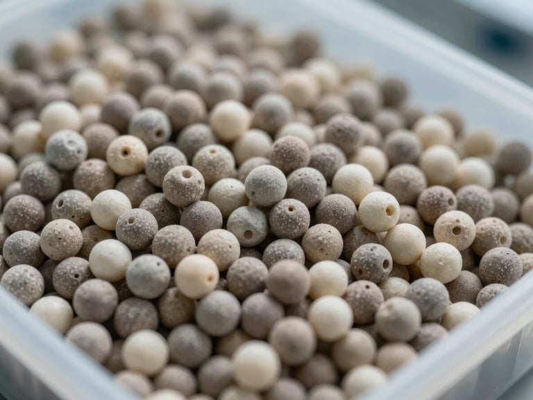 Close-up of raw industrial polymer pellets in a clean laboratory setting, bright industrial lighting, sharp detail on material grades.