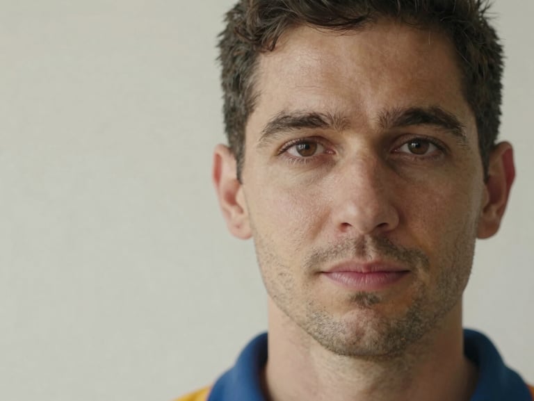 Close-up natural-light portrait of a male plumber in his 30s, direct eye contact, plain light wall behind, honest and confident expression, no studio backdrop