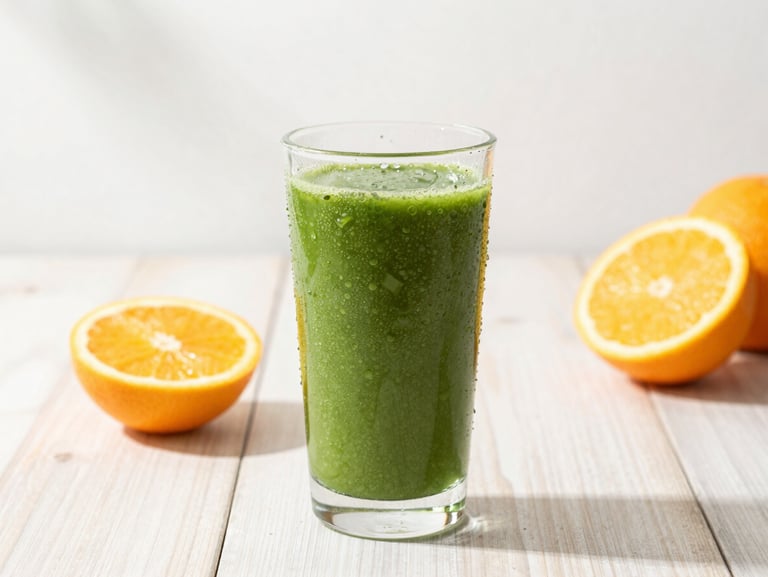 Vibrant green smoothie in a condensation-beaded glass on a clean light wood table, fresh sliced citrus fruits nearby, bright natural morning daylight, shallow depth of field