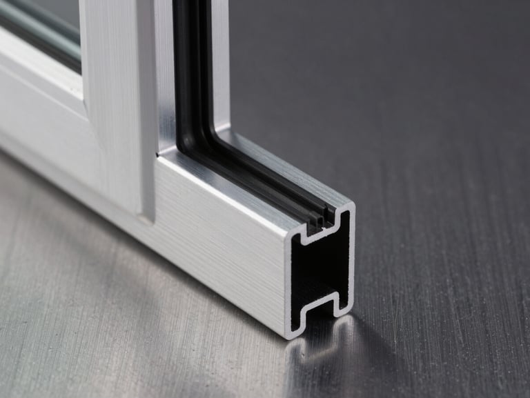 Macro side-lit studio shot of an aluminium window corner joint, extruded section geometry in sharp focus against a dark steel-grey background, showing gasket channel and thermal break insert with absolute geometric clarity