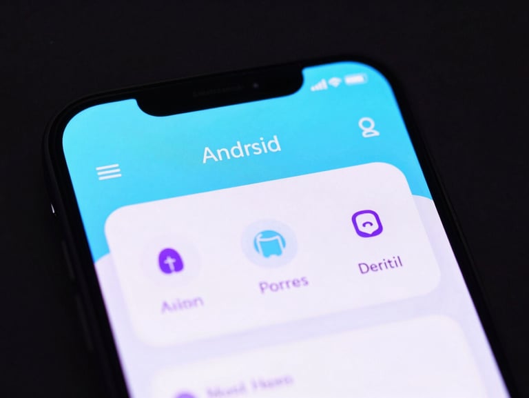 Close-up of a sleek Android phone displaying a minimalist smart-home controller interface, ambient dark studio lighting