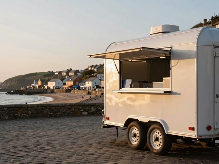 Environmental wide shot of a Devon coastal market setting at golden hour, a food trailer parked on the right edge of frame with a closed serving hatch, warm low sun raking across the trailer's side panels, empty foreground cobblestones, South West seaside architecture blurred in the background