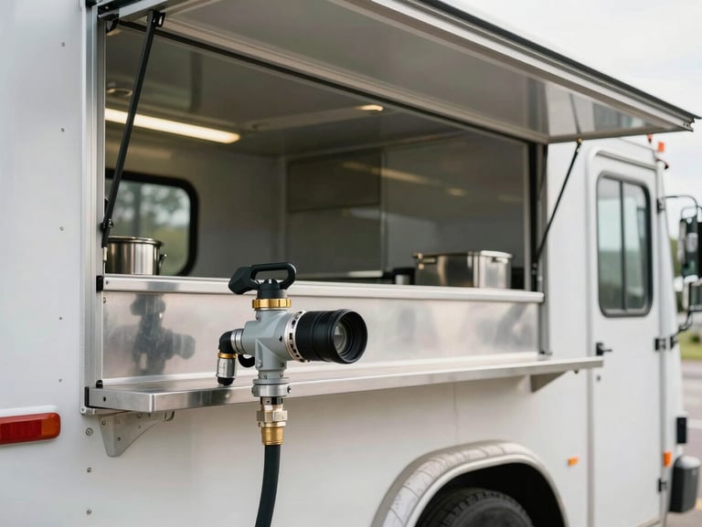 Wide environmental shot inside a food service trailer mid-inspection — a gas hose connection and suppression nozzle in sharp foreground focus, stainless steel catering surfaces behind, cool natural daylight entering through the open service hatch, no people present