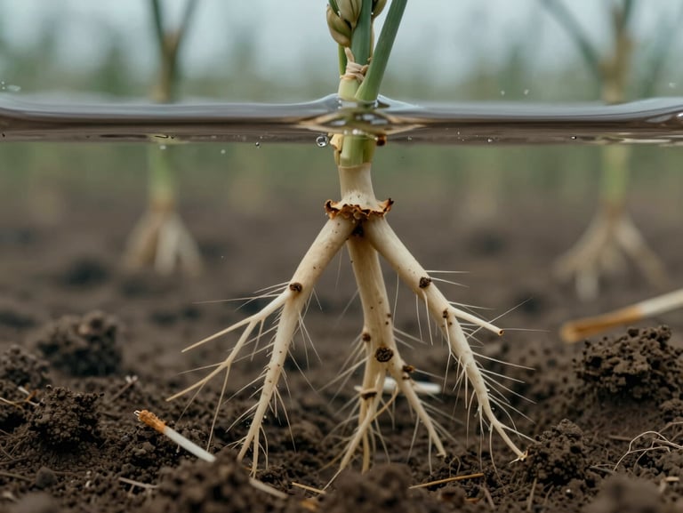 Macro photograph of wheat root systems submerged in waterlogged clay loam, fine root hairs visible, cool diffused overcast daylight.
