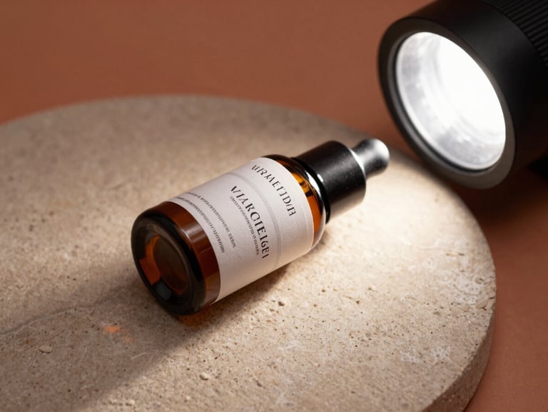 Close-up of a luxury skincare product bottle resting on a matte stone surface, a single professional strobe light raking across from the right casting a sharp shadow, warm terracotta tones in the background surface, shallow focus isolating the product's label texture