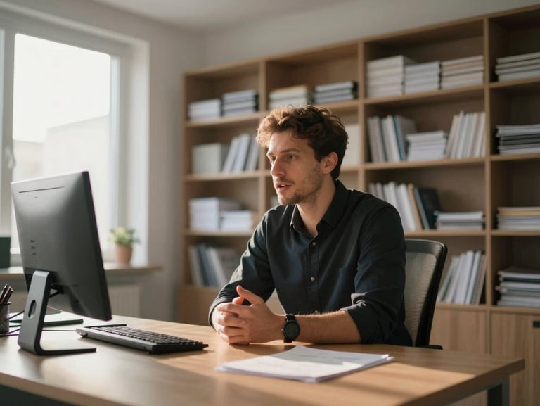 Wide environmental shot inside a modern Pristina office, a founder mid-sentence across a desk, key light from a large window casting warm afternoon sun across the room, shallow depth-of-field blurring shelves of documents in the background, camera positioned at shoulder height respecting the subject