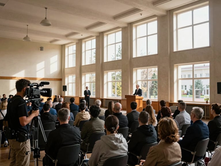 Wide shot of a government institution event hall in Pristina, rows of attendees facing a podium, late-afternoon natural light streaming through tall windows, a camera operator visible in the foreground tracking the speaker, depth giving the frame genuine documentary weight