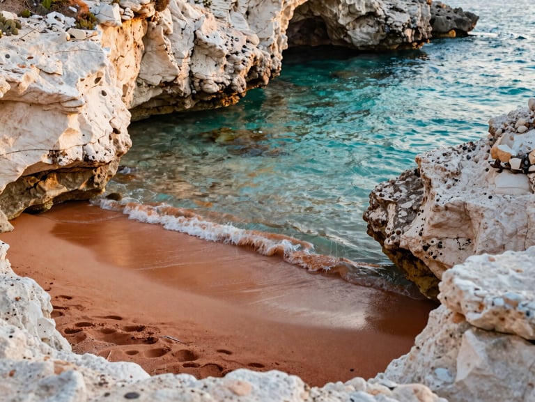 A hidden sandy cove in Gozo, red-gold sand framed by white limestone rocks, crystal clear turquoise water, soft morning light, editorial travel photography
