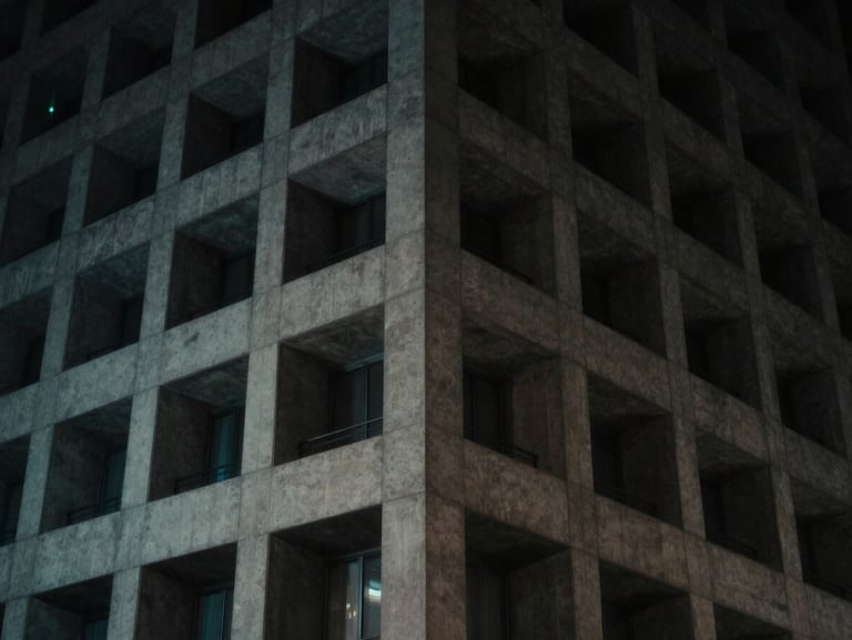 Low-key dramatic night shot of a geometric concrete building facade in Tokyo, subtle cyan light leak, 35mm