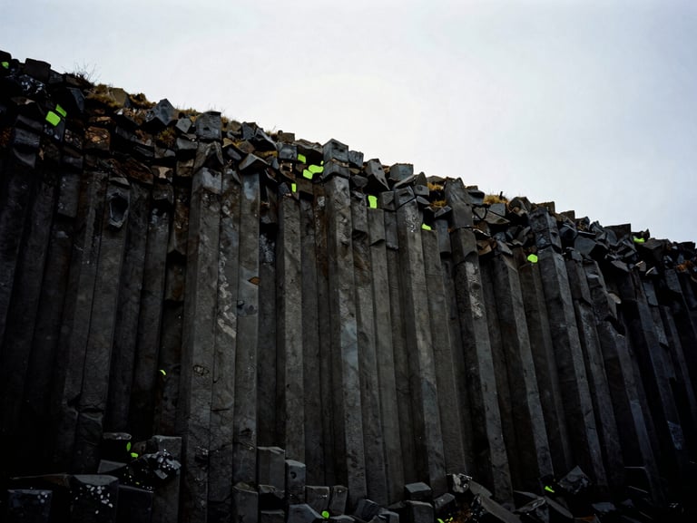 Moody overcast basalt column cliffs in Iceland, dark desaturated tones, 35mm