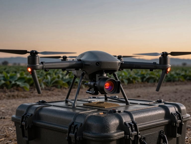 Enterprise-grade radiometric drone resting on a rugged tactical case at dusk, high-contrast technical lighting, Modesto agricultural horizon in the background, sharp focus on the thermal camera payload.