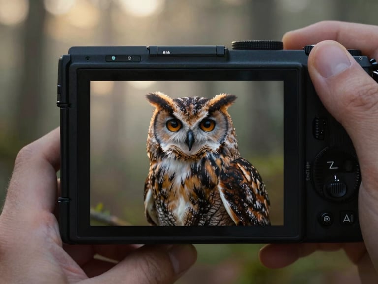 A close-up of a camera screen displaying a sharp image of an owl, forest background, hands holding the camera.