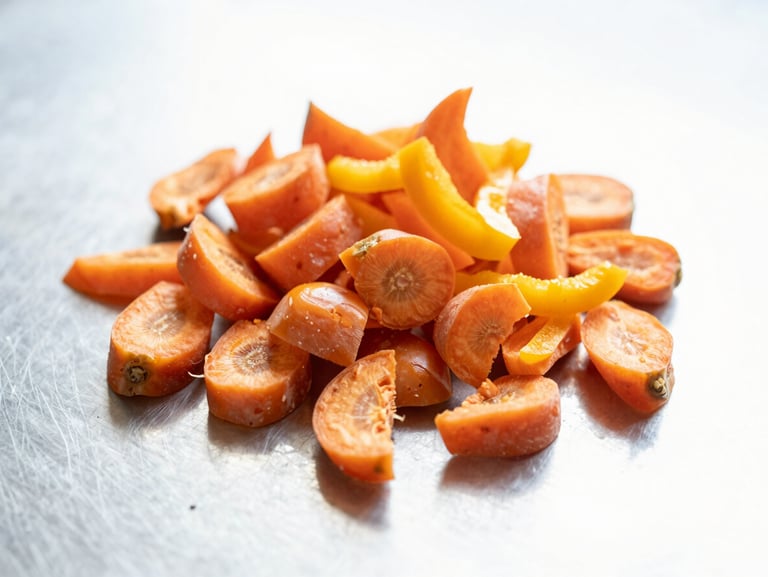 Macro shot of dehydrated carrot and bell pepper dices on a clean stainless steel surface, bright natural light, crisp textures
