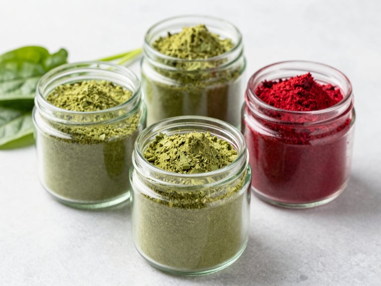 Fine vibrant green spinach powder and red beetroot powder in minimalist glass jars, raw ingredients next to them, bright daylight