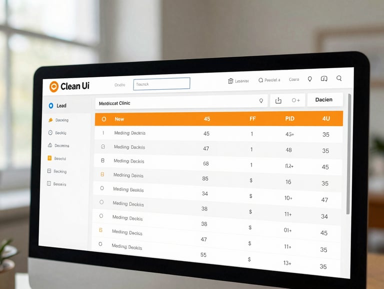 Clean UI dashboard showing medical clinic lead tracking, 45 new patient bookings highlighted in orange, bright natural light.