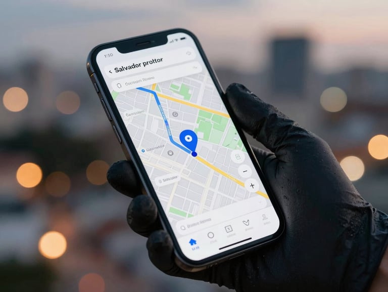 Close-up of a smartphone screen showing a clean delivery route map with a blue marker, held by a delivery partner wearing a professional glove, background showing soft city lights of Salvador at dusk.