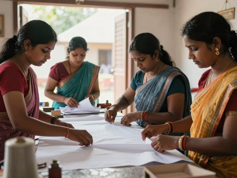An active shot of three women collaborating inside a bright, clean tailoring cooperative in a Tamil Nadu village, natural South Indian daylight, focused on fabric.
