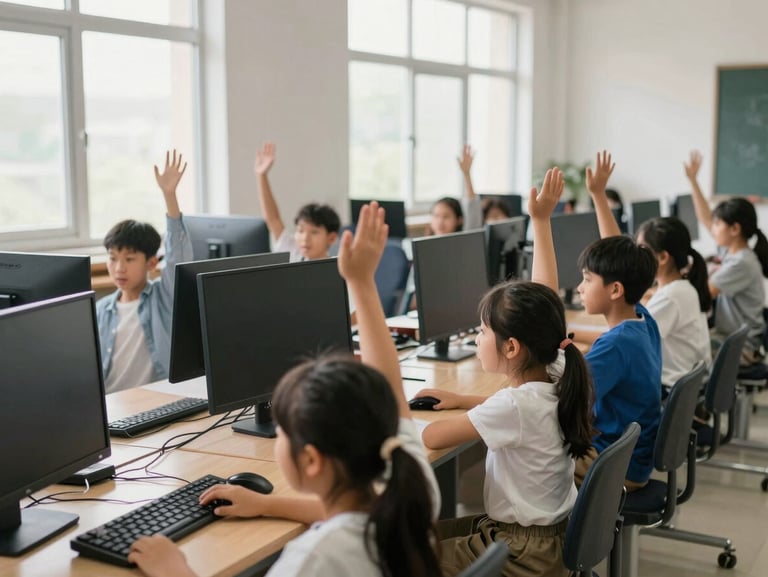 A classroom view of children raising their hands excitedly in front of newly installed computers, bright natural light streaming through large windows, active and natural.