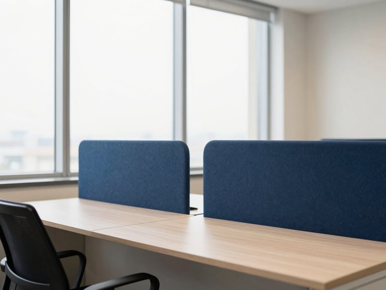 Bright Gurugram office interior, clean modern desk setup, soft window light, desaturated navy tones