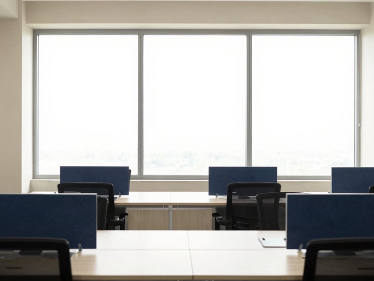 Bright Bengaluru office workspace, professional daylight, desaturated navy and cream tones