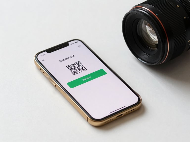 Minimalist flat-lay showing a smartphone screen with a successful QRIS payment confirmation, gold accents, clean white background, professional studio lighting.