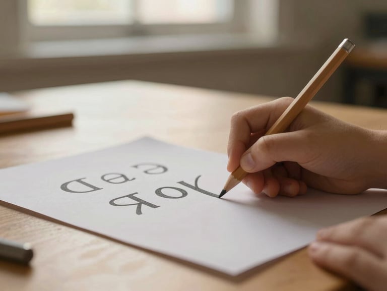 Close-up of a child's hand tracing letters on textured paper with a soft pencil, warm diffused light from a window above, calm table setting with minimal objects