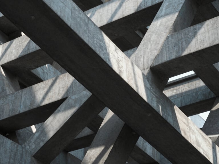 Abstract architectural geometry with interlocking steel and concrete beams, sharp clean shadows, cool natural light