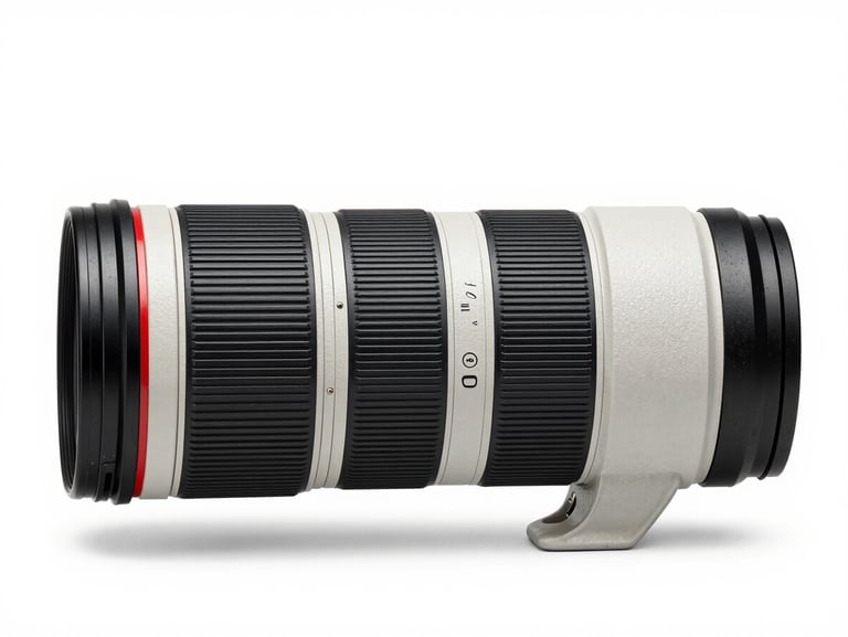 Professional 24-70mm f2.8 zoom lens, side profile, clean white studio background, sharp details